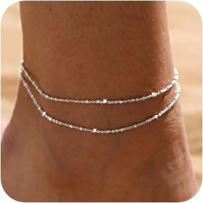 LEXODY Silver/Gold Anklets for Women, Sterling Silver Evil Eye Ankle Bracelets for Women Trendy Dainty Waterproof Anklets Set Adjustable Layered Anklet Bracelets for Women Silver Jewelry Gift - Image 1
